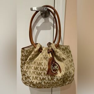Michael Kors Beige and Brown MK Logo Drawstring Shoulder Bag